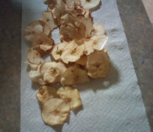 Dried apple resting on a paper towel